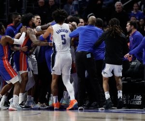 Dec 28, 2022; Detroit, Michigan, USA;  Orlando Magic forward Paolo Banchero (5) rush towards the the Detroit Pistons bench in the first half at Little Caesars Arena. Mandatory Credit: Rick Osentoski-USA TODAY Sports Photo: Rick Osentoski/REUTERS