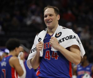 Detroit Pistons forward Bojan Bogdanovic (44) during the first half of an NBA basketball game against the Orlando Magic Wednesday, Dec. 28, 2022, in Detroit. (AP Photo/Duane Burleson)