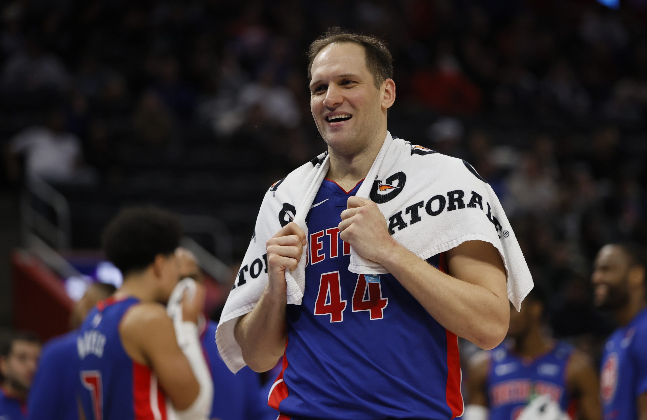 Detroit Pistons forward Bojan Bogdanovic (44) during the first half of an NBA basketball game against the Orlando Magic Wednesday, Dec. 28, 2022, in Detroit. (AP Photo/Duane Burleson)