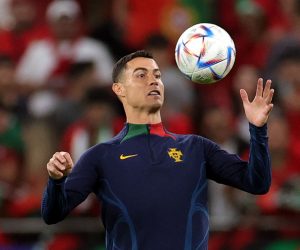 epa10359051 Cristiano Ronaldo of Portugal during warm up prior to the FIFA World Cup 2022 quarter final soccer match between Morocco and Portugal at Al Thumama Stadium in Doha, Qatar, 10 December 2022.  EPA/Friedemann Vogel