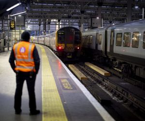 epa10368879 Station staff work at Waterloo Station in London, Britain, 16 December 2022. 48 hours industrial strike action by the UK's biggest rail union, the RMT (The National Union of Rail, Maritime and Transport Workers) causes disruption to train services across England, Scotland and Wales with only one in five trains expected to be working.  EPA/TOLGA AKMEN