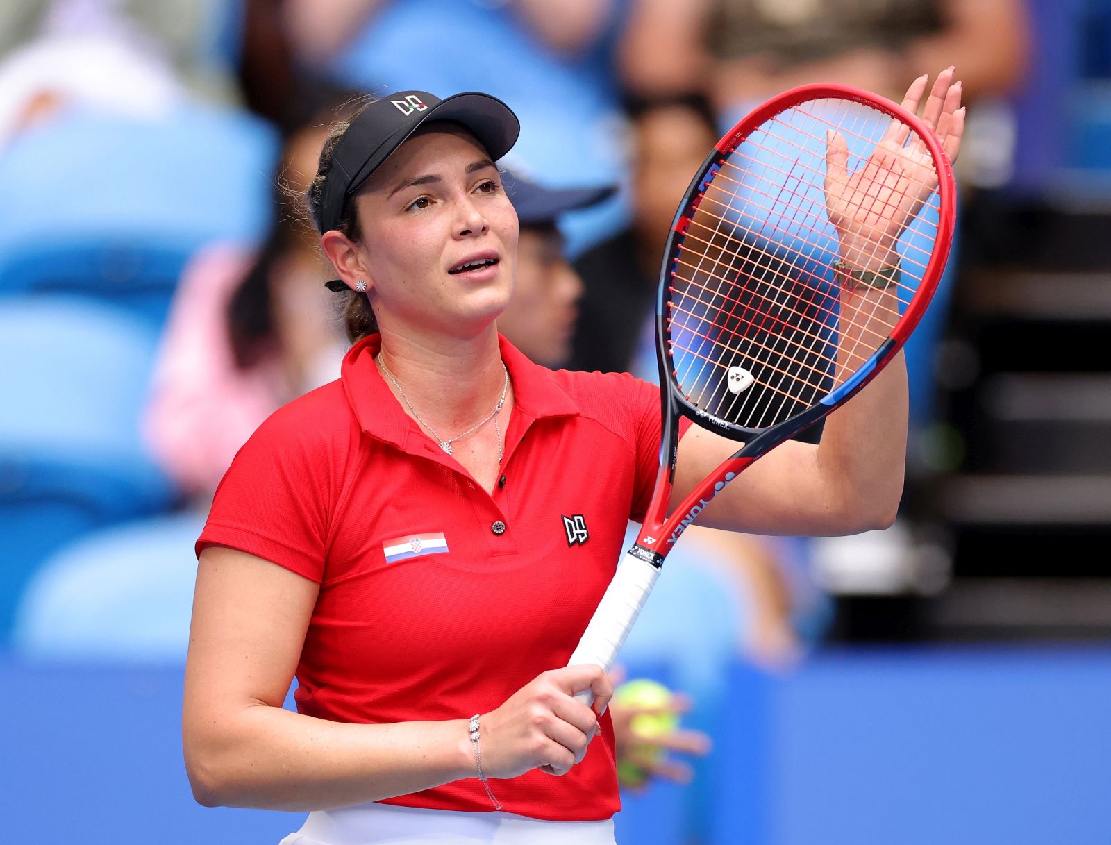 epa10383500 Donna Vekic of Croatia celebrates winning her match against Maria Carle of Argentina during the 2023 United Cup tennis match between Croatia and Argentina at RAC Arena in Perth, Western Australia, Australia, 31 December 2022.  EPA/RICHARD WAINWRIGHT  AUSTRALIA AND NEW ZEALAND OUT
