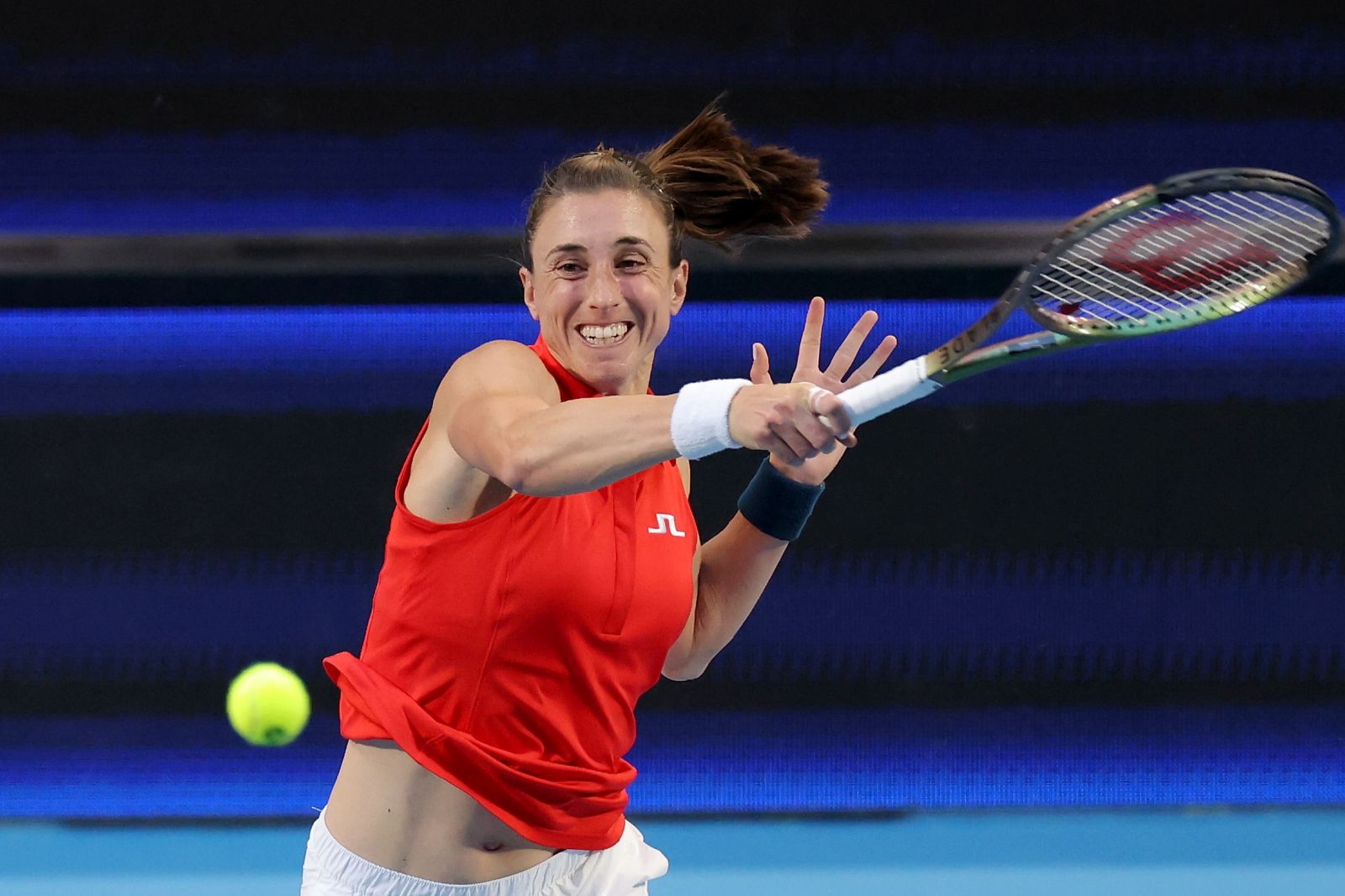 epa10388641 Petra Martic of Croatia in action against Maria Sakkari of Greece during the 2023 United Cup City Final tennis match between Greece and Croatia at RAC Arena in Perth, Western Australia, Australia, 04 January 2023.  EPA/RICHARD WAINWRIGHT AUSTRALIA AND NEW ZEALAND OUT