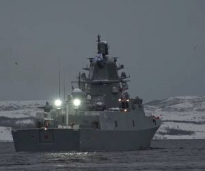 epa10389245 A still image taken from a handout video made available on 04 January 2023 by the Russian Defence Ministry shows ceremony to launch the frigate Admiral Gorshkov armed with hypersonic missiles Zircon at a undisclosed location.  EPA/RUSSIAN DEFENCE MINISTRY / HANDOUT BEST QUALITY AVAILABLE HANDOUT EDITORIAL USE ONLY/NO SALES