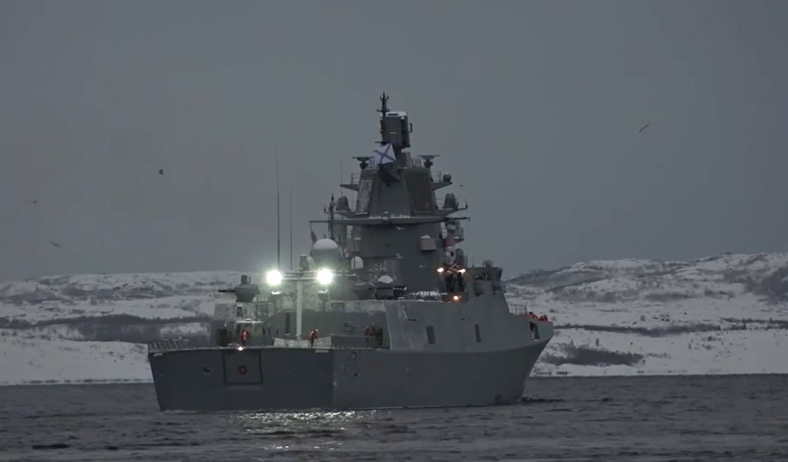 epa10389245 A still image taken from a handout video made available on 04 January 2023 by the Russian Defence Ministry shows ceremony to launch the frigate Admiral Gorshkov armed with hypersonic missiles Zircon at a undisclosed location.  EPA/RUSSIAN DEFENCE MINISTRY / HANDOUT BEST QUALITY AVAILABLE HANDOUT EDITORIAL USE ONLY/NO SALES
