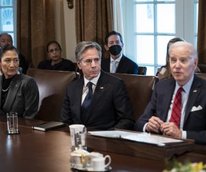 epa10391143 US secretary of the interior Deb Haaland (L), listens alongside US secretary of state Antony Blinken (C), as US President Joe Biden (R) speaks during a cabinet meeting at the White House in Washington, DC, USA, 05 January 2023. Biden chastised Republicans for what he called their 'inflammatory' migration politics as he detailed new policies to stem migrant crossings ahead of a visit to the US-Mexico border.  EPA/Sarah Silbiger / POOL