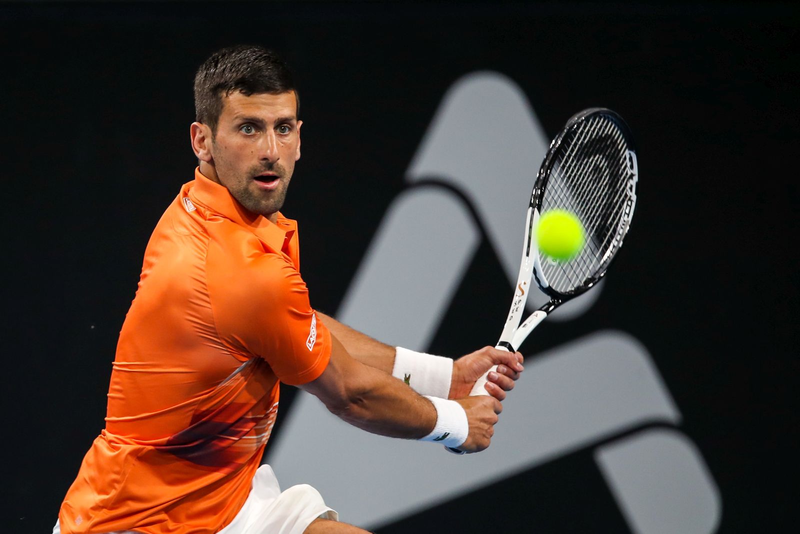 epa10391905 Novak Djokovic of Serbia eyes the ball in his match against Denis Shapovalov of Canada during the 2023 Adelaide International Tennis Tournament at the Memorial Drive Tennis Centre in Adelaide, Australia, 06 January 2023.  EPA/MATT TURNER AUSTRALIA AND NEW ZEALAND OUT