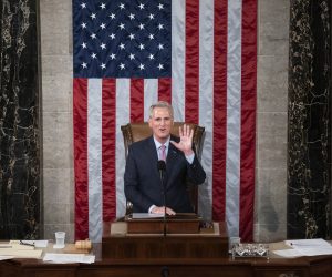 epa10393515 House Republican Leader Kevin McCarthy delivers remarks following his victory in the House chamber on the fifth day of the House Speaker elections on Capitol Hill in Washington, DC, USA, 07 January 2023. McCarthy secured enough support to become House Speaker on the 15th vote by the House and on the fifth day of his bid; it is the longest speaker contest in the US in 164 years.  EPA/SHAWN THEW