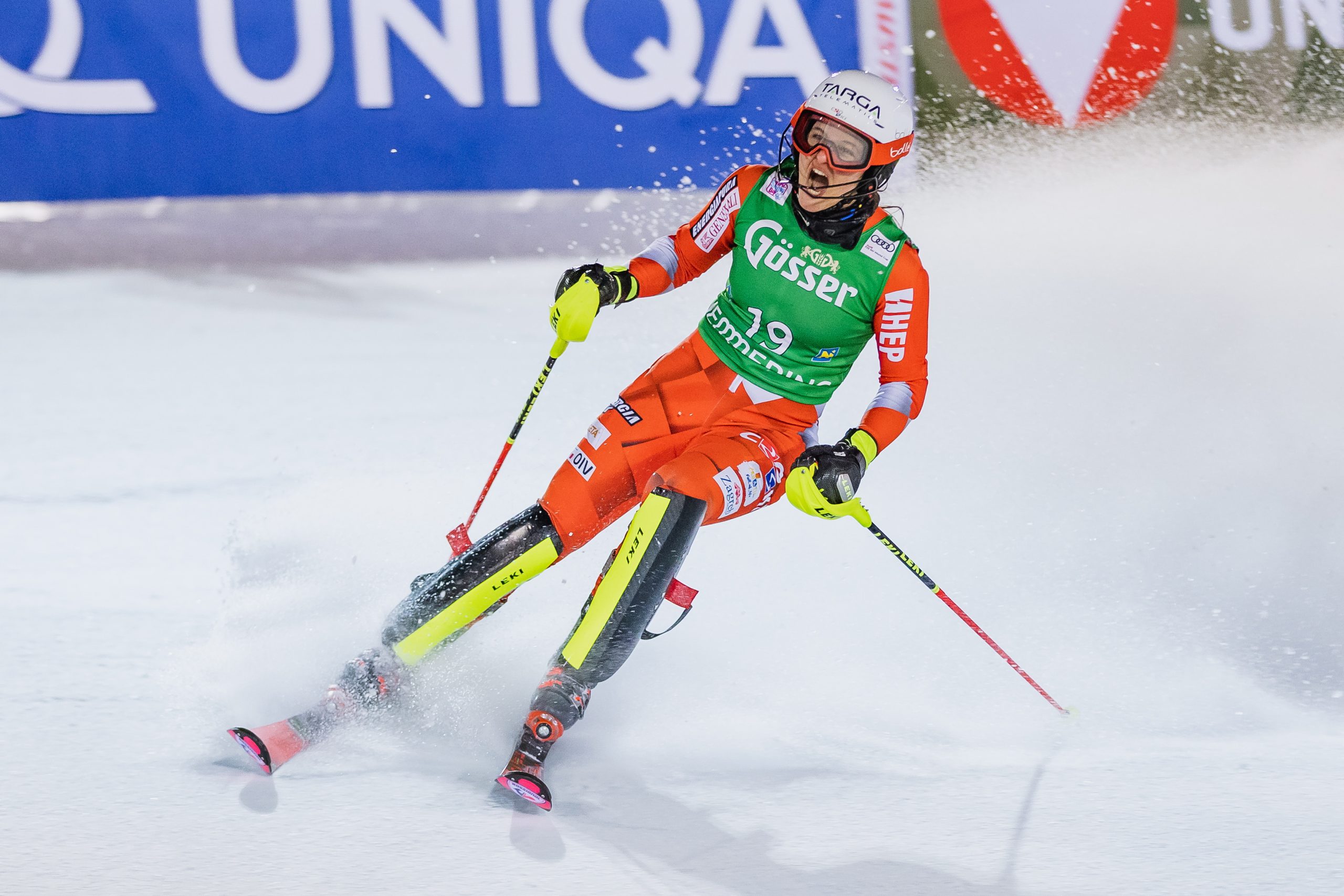 epa10381887 Zrinka Ljutic of Croatia reacts in the finish area during the second run of the women's slalom race at the FIS Alpine Skiing World Cup event in Semmering, Austria, 29 December 2022.  EPA/DOMINIK ANGERER