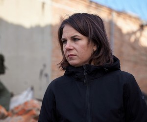 epa10398679 German Foreign Minister Annalena Baerbock visits a damaged area in Kharkiv, eastern Ukraine, 10 January 2023, amid Russia's invasion. Germany's Foreign Minister Baerbock made a surprise visit on the day to the eastern Ukrainian city of Kharkiv along with her Ukrainian counterpart, where she vowed support for Ukraine. Russian troops on 24 February 2022, entered Ukrainian territory, starting a conflict that has provoked destruction and a humanitarian crisis.  EPA/STRINGER