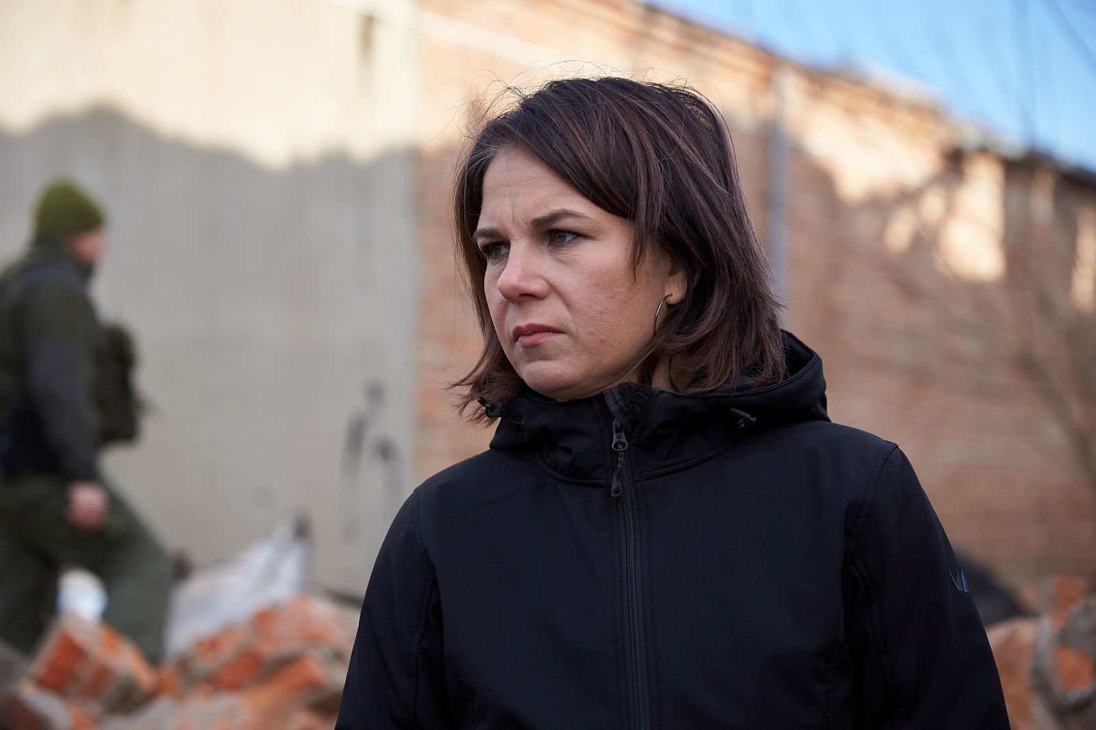 epa10398679 German Foreign Minister Annalena Baerbock visits a damaged area in Kharkiv, eastern Ukraine, 10 January 2023, amid Russia's invasion. Germany's Foreign Minister Baerbock made a surprise visit on the day to the eastern Ukrainian city of Kharkiv along with her Ukrainian counterpart, where she vowed support for Ukraine. Russian troops on 24 February 2022, entered Ukrainian territory, starting a conflict that has provoked destruction and a humanitarian crisis.  EPA/STRINGER