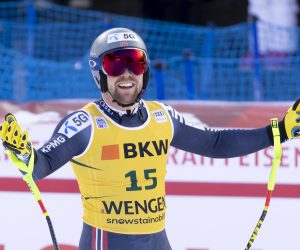 epa10402926 Aleksander Aamodt Kilde of Norway reacts in the finish area during the men's Super G race at the FIS Alpine Skiing World Cup in Wengen, Switzerland, 13 January 2023.  EPA/PETER KLAUNZER