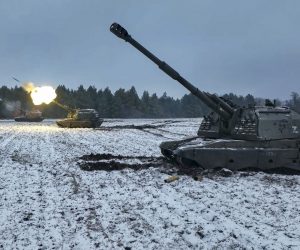 epa10403005 A still image taken from a handout video made available by the Russian Defence Ministry on 13 January 2023 shows Russian self-propelled 152.4 mm howitzers Msta firing during combat at an undisclosed location in Donetsk region, Ukraine. The Russian Defence Ministry said that "in evening of 12 January, the city of Soledar, that is of great importance for continuing successful offensive operations in Donetsk direction, was liberated" as what Moscow calls a 'special military operation' continues in Ukraine. Russian troops entered Ukrainian territory on 24 February 2022, starting a conflict that has provoked destruction and a humanitarian crisis.  EPA/RUSSIAN DEFENCE MINISTRY PRESS SERVICE / HANDOUT  HANDOUT EDITORIAL USE ONLY/NO SALES