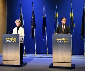 epa10403279 EU Commission President Ursula von der Leyen (L) and Sweden's Prime Minister Ulf Kristersson (R) give a joint news conference in Kiruna, Sweden, 13 January 2023. The European Commission and the Swedish government meet in Sweden's northernmost city Kiruna and nearby Jukkasjarvi on 12-13 January, the first meeting since Swedish took over the EU presidency on 01 January.  EPA/Jonas Ekstromer SWEDEN OUT