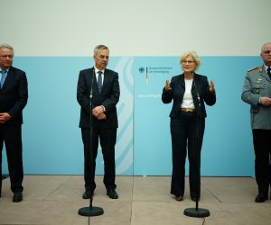 epa10403217 German Defense Minister Christine Lambrecht (3-L) speaks next to CEO of the German Automotive and Defence group Rheinmetall Group Armin Papperger (L) and CEO of Krauss-Maffei Wegmann Ralf Ketzel (2-L) and German Federal Armed Forces (Bundeswehr) Chief of Staff Eberhard Zorn (R), during a joint press statement in Berlin, Germany, 13 January 2023. German Defense Minister Christine Lambrecht gave a joint statement with German Federal Armed Forces (Bundeswehr) Chief of Staff Eberhard Zorn on the recent situation about the Puma infantry fighting vehicle.  EPA/CLEMENS BILAN