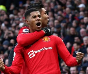 epa10405059 Manchester United's Marcus Rashford (front) celebrates scoring the 2-1 lead during the English Premier League soccer match between Manchester United and Manchester City in Manchester, Britain, 14 January 2023.  EPA/Adam Vaughan EDITORIAL USE ONLY. No use with unauthorized audio, video, data, fixture lists, club/player publications