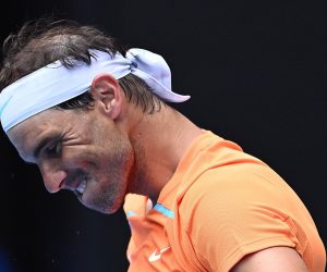 epa10408116 Rafael Nadal of Spain reacts during his Men's Singles 1st Round match against Jack Draper of Britain during the 2023 Australian Open tennis tournament at Melbourne Park in Melbourne, Australia, 16 January 2023.  EPA/JOEL CARRETT  AUSTRALIA AND NEW ZEALAND OUT