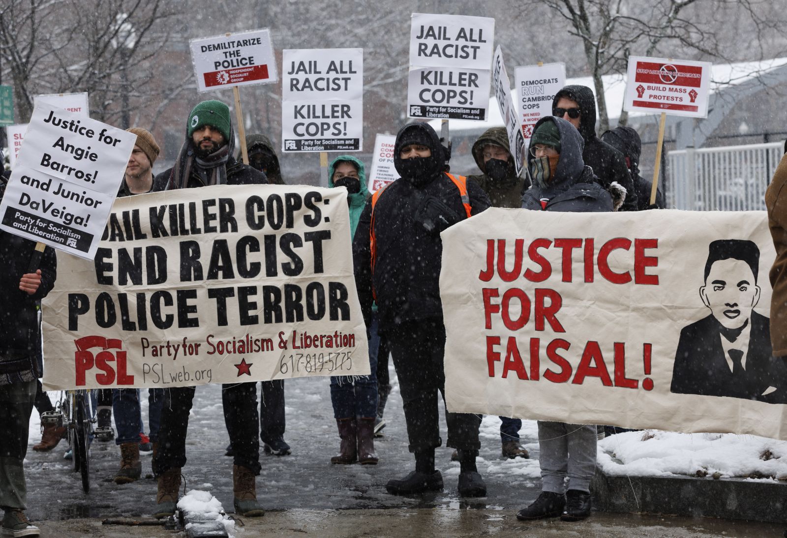 epa10409785 Protesters gather at Peter's Park, calling for an end to police violence, on Martin Luther King Jr Day, in Boston in Boston, Massachusetts, USA, 16 January 2023. The group of protesters marched from Boston to neighboring Cambridge in an effort to pressure political leaders to end police violence, only days after Bangladeshi college student Sayed Faisal was shot and killed in Cambridge and Tyre Nichols died after a 'use of force,' by Memphis Tennessee Police following a traffic stop in that city.  EPA/CJ GUNTHER