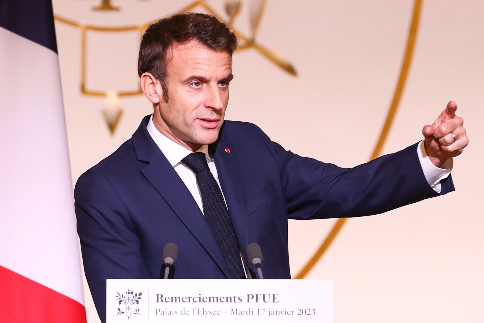 epa10410909 French President Emmanuel Macron delivers a speech to the contributors of the French Presidency in the Council of the European Union, inside La Salle des Fetes, at the Elysee Palace, in Paris, France, 17 January 2023. France held the Presidency of the Council of the European Union from 01 January to 30 June 2022.  EPA/MOHAMMED BADRA / POOL