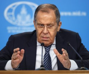 epa10412733 Russian Foreign Minister Sergei Lavrov addresses his annual news conference in Moscow, Russia, 18 January 2023. Lavrov gave a press conference on the results of Russian diplomacy in 2022.  EPA/YURI KOCHETKOV