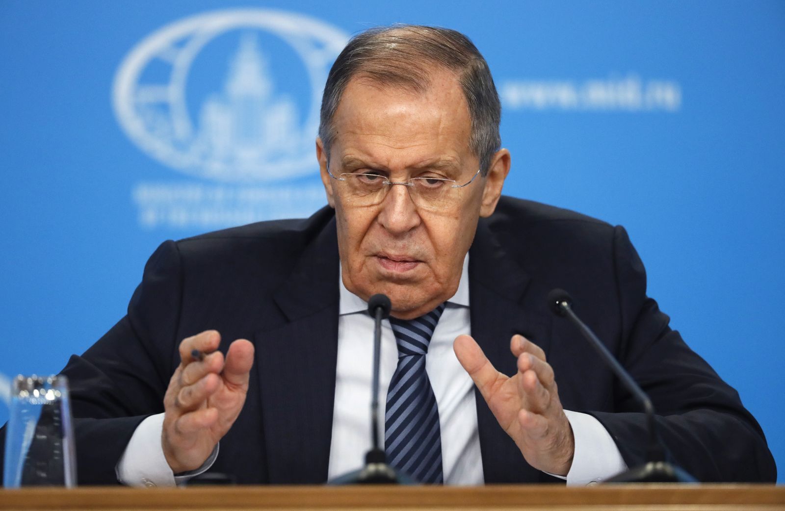 epa10412733 Russian Foreign Minister Sergei Lavrov addresses his annual news conference in Moscow, Russia, 18 January 2023. Lavrov gave a press conference on the results of Russian diplomacy in 2022.  EPA/YURI KOCHETKOV