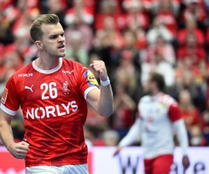 epa10416484 Denmark's Johan A Plogv Hanse celebrates after scoring during the IHF Men's World Championship handball match, Main Round group 4, between Denmark and Croatia, in Malmo, Sweden, 19 January 2023  EPA/Johan Nilsson  SWEDEN OUT