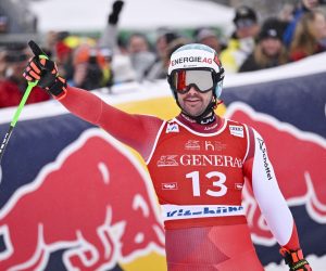 epa10418008 Vincent Kriechmayr of Austria reacts in the finish area during the Men's Downhill race of the FIS Alpine Skiing World Cup at the Streif ski course in Kitzbuehel, Austria, 20 January 2023.  EPA/JEAN-CHRISTOPHE BOTT