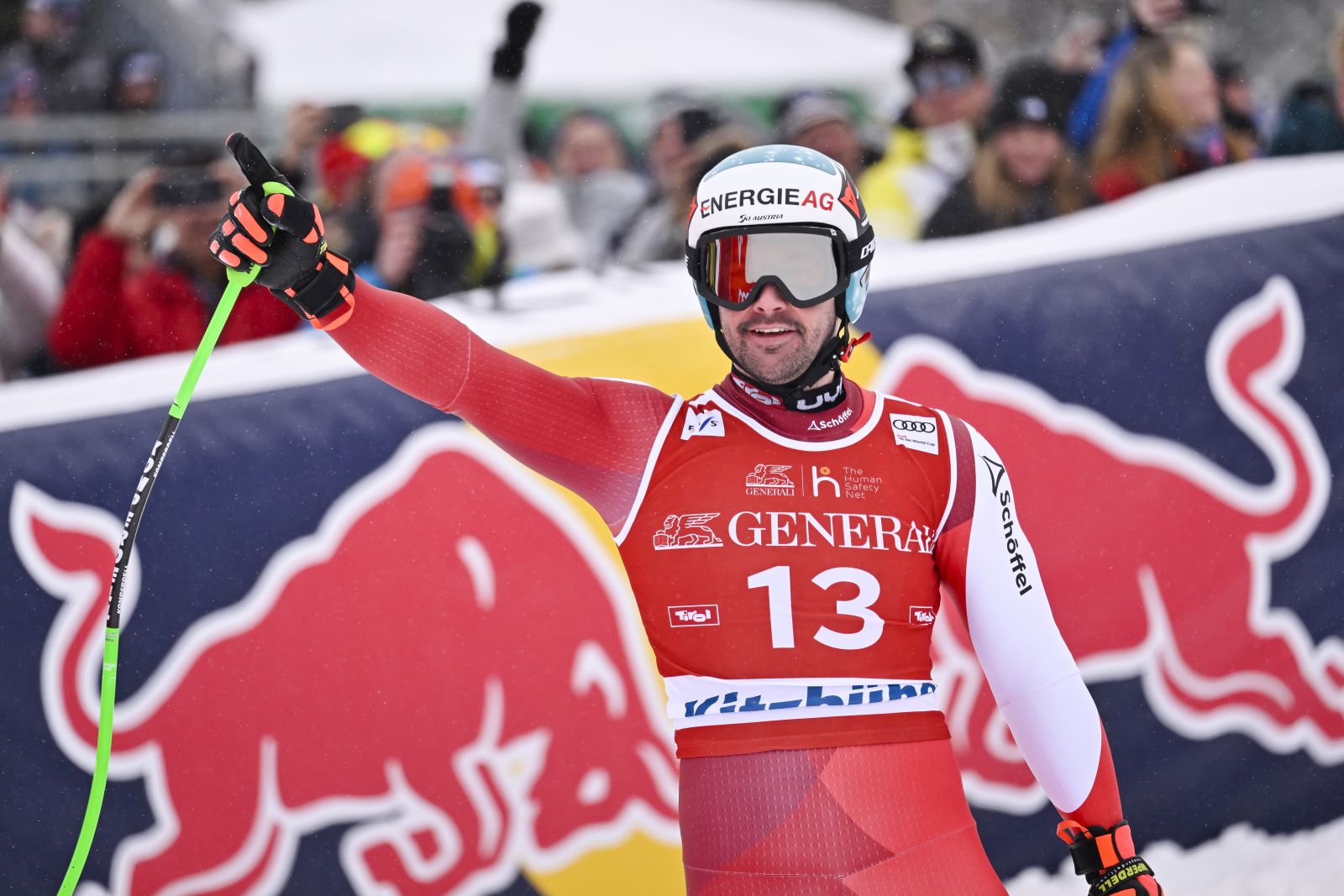 epa10418008 Vincent Kriechmayr of Austria reacts in the finish area during the Men's Downhill race of the FIS Alpine Skiing World Cup at the Streif ski course in Kitzbuehel, Austria, 20 January 2023.  EPA/JEAN-CHRISTOPHE BOTT