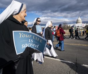 epa10419035 Anti-abortion activists from across the country walk near the US Capitol as they participate in the annual March for Life on the National Mall in Washington, DC, USA, 20 January 2023. Abortion opponents rallied on the National Mall for their first march since the overturning of Roe v. Wade.  EPA/SHAWN THEW