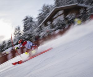 epa10422244 Filip Zubcic of Croatia in action during the first run of the men's slalom race at the FIS Alpine Skiing World Cup in Kitzbuehel, Austria, 22 January 2023.  EPA/JEAN-CHRISTOPHE BOTT
