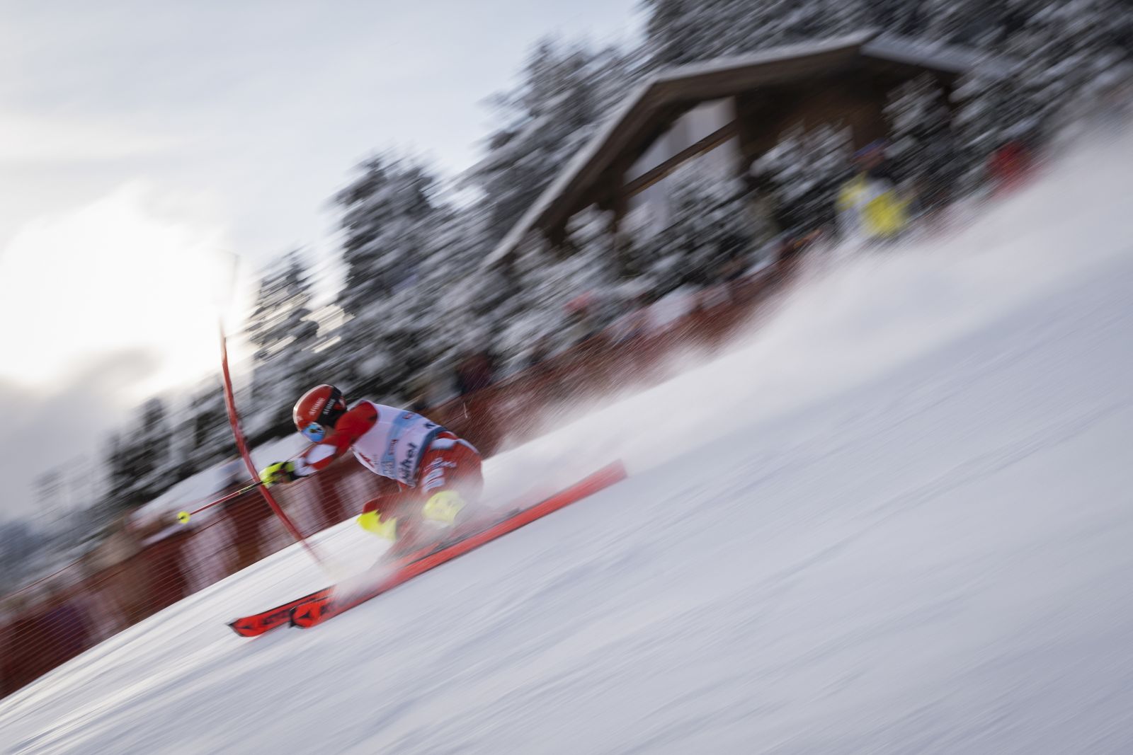 epa10422244 Filip Zubcic of Croatia in action during the first run of the men's slalom race at the FIS Alpine Skiing World Cup in Kitzbuehel, Austria, 22 January 2023.  EPA/JEAN-CHRISTOPHE BOTT