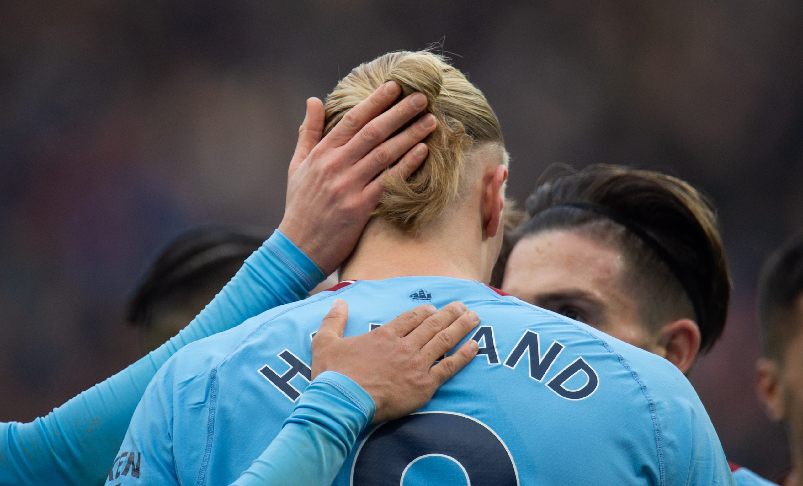 epa10423030 Manchester City's Erling Haaland celebrates  after scoring the first goal during the English Premier League soccer match between Manchester City and Wolverhampton Wanderers at the Etihad stadium in Manchester, Britain, 22 January 2023.  EPA/PETER POWELL EDITORIAL USE ONLY. No use with unauthorized audio, video, data, fixture lists, club/league logos or 'live' services. Online in-match use limited to 120 images, no video emulation. No use in betting, games or single club/league/player publications