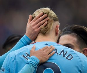 epa10423030 Manchester City's Erling Haaland celebrates  after scoring the first goal during the English Premier League soccer match between Manchester City and Wolverhampton Wanderers at the Etihad stadium in Manchester, Britain, 22 January 2023.  EPA/PETER POWELL EDITORIAL USE ONLY. No use with unauthorized audio, video, data, fixture lists, club/league logos or 'live' services. Online in-match use limited to 120 images, no video emulation. No use in betting, games or single club/league/player publications