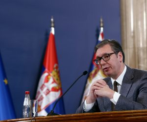 epa10425375 Serbian President Aleksandar Vucic speaks during a press conference in Belgrade, Serbia, 23 January 2023. Vucic held a press conference about the current international brokered dialogue for the normalization of relations between Serbia and Kosovo, which proclaimed independence from Serbia in 2008.  EPA/ANDREJ CUKIC