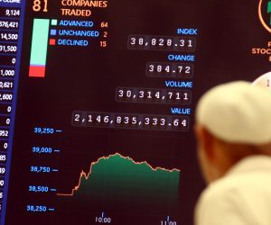 epa10426406 A Pakistani stockbroker monitors the latest share prices development during a trading session at the Pakistan Stock Exchange (PSX) in Karachi, Pakistan, 24 January 2023. Electricity was restored in major part of Pakistan on 24 January morning after a major power outage caused a blackout across the country, including in the capital Islamabad and financial hub of Karachi.  EPA/REHAN KHAN