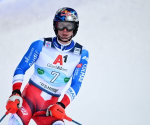 epa10427402 Clement Noel of France reacts in the finish area during the second run of the Men's Slalom Night race of the FIS Alpine Skiing World Cup in Schladming, Austria, 24 January 2023.  EPA/CHRISTIAN BRUNA