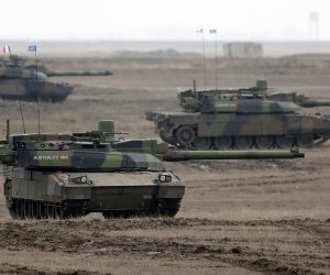 epa10428512 French battle tanks AMX 56 Leclerc during the French military exercise 'Eagle Meda 23' held at Smardan shooting range, 230 kilometers north-east of Bucharest, Romania, 25 January 2023. About 600 French soldiers and 200 military vehicles from the French Battle Group deployed in Romania are conducting the 'EAGLE MEDA 23' combat firing exercise between January 23-27, to train the forces within the Battle Group on the rapid deployment capability and execution of a combat mission, within a NATO operation carried out on the south-eastern flank of the Alliance. NATO alliance enforced the Eastern Flank in the wake of Russian invasion of Ukraine.  EPA/ROBERT GHEMENT