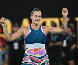 epa10435680 Aryna Sabalenka of Belarus celebrates after winning the Women's Singles final against Elena Rybakina of Kazakhstan at the Australian Open tennis tournament in Melbourne, Australia, 28 January 2023.  EPA/JAMES ROSS AUSTRALIA AND NEW ZEALAND OUT
