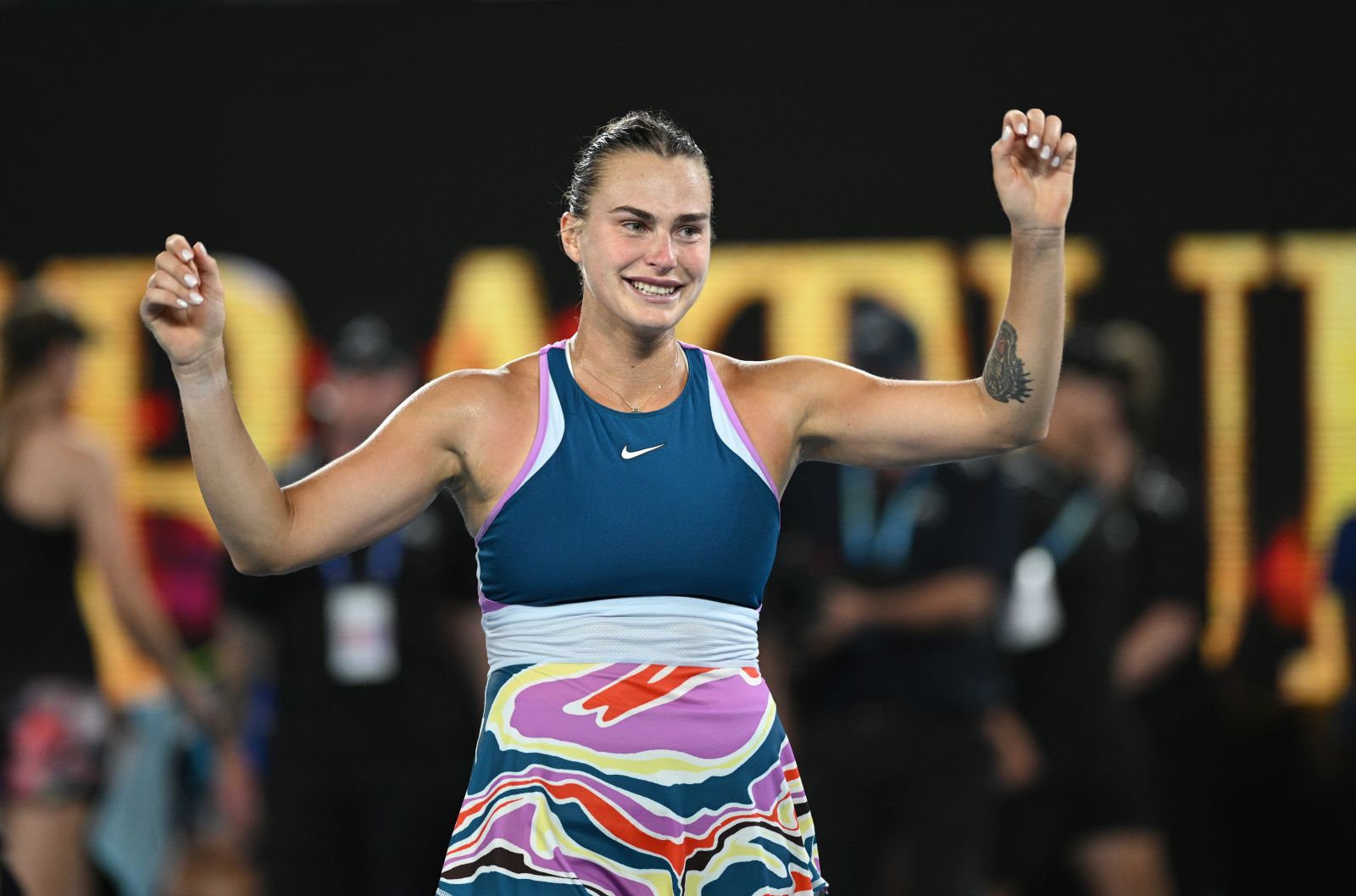 epa10435680 Aryna Sabalenka of Belarus celebrates after winning the Women's Singles final against Elena Rybakina of Kazakhstan at the Australian Open tennis tournament in Melbourne, Australia, 28 January 2023.  EPA/JAMES ROSS AUSTRALIA AND NEW ZEALAND OUT