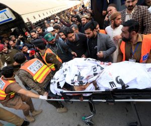epa10440068 A victim of the blast at a Mosque is shifted to a hospital in Peshawar, Pakistan, 30 January 2023. At least 28 worshippers were killed and dozens injured in a blast during prayers at a Mosque situated in Police lines in Peshawar, Ghulam Ali, Governor of KPK province said.  EPA/ARSHAD ARBAB