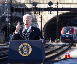 epa10440479 US president Joe Biden speaks about the infrastructure bill next to Amtrak's 150-year old Baltimore and Potomac Tunnel in Baltimore, Maryland, USA, 30 January 2023. The aging tunnel is reportedly the largest bottleneck for rail commuters on Amtrak's Northeast Corridor.  EPA/JIM LO SCALZO
