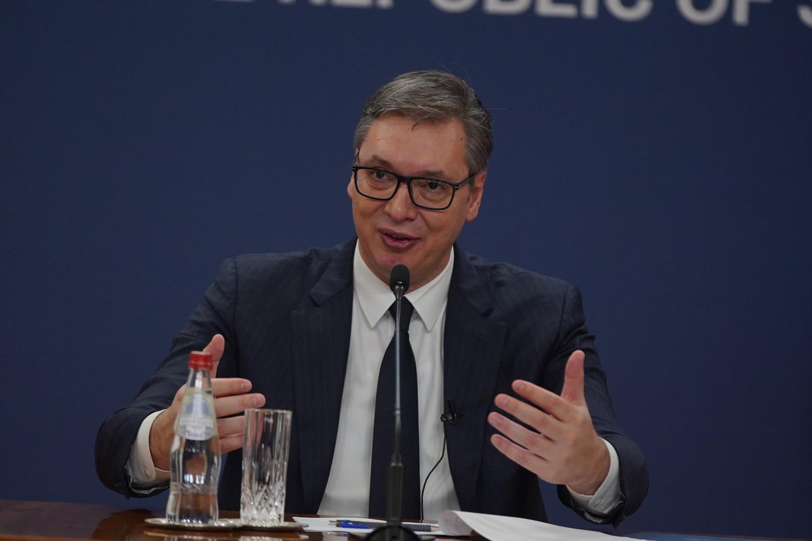 04, January, 2023, Belgrade - The annual conference in the Palace of Serbia by the President of the Republic of Serbia, Aleksandar Vucic, where he addresses the citizens of Serbia. Aleksandar Vucic. Photo: Antonio Ahel/ATAImages  04, januar, 2023, Beograd - Godisnja konferencija u Palati Srbija predsednik Republike Srbije Aleksandara Vucica na kojoj se obraca gradjanima Srbije.  Photo: Antonio Ahel/PIXSELL