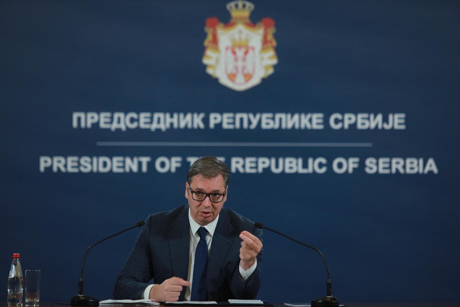 21, November, 2022, Belgrade - The President of the Republic of Serbia, Aleksandar Vucic, addressed the nation from the building of the General Secretariat of the President of the Republic regarding the latest situation related to Kosovo and Metohija and negotiations on license plates. Aleksandar Vucic. Photo: Milos Tesic/ATAImages

21, novembar, 2022, Beograd - Predsednik Republike Srbije Aleksandar Vucic obratio se naciji iz zgrade Generalnog sekretarijata predsednika Republike povodom najnovije situacije vezane za Kosovo i Metohiju i pregovore o registarskim tablicama.  Photo: Milos Tesic/ATAImages/PIXSELL