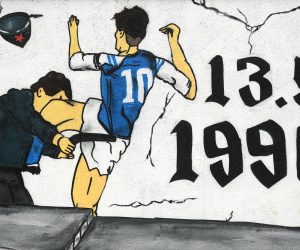 24.01.2021., Zagreb - Grafiti posveceni Dinamu na osnovnoj skoli Savski gaj. Zvonimir Boban udara milicajca na maksimiru u nikad odigranoj utakmici Dinamo Crvena zvezda 13.05.1990.rPhoto: Marko Lukunic/PIXSELL