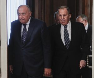 epa10440838 Russia's Foreign Minister Sergei Lavrov (R) and Egypt's Foreign Minister Sameh Shoukry (L) arrive for their meeting in Moscow, Russia, 31 January 2023. The meeting with Lavrov comes one day after Shoukry met US State Secretary Blinken in Cairo on 30 January.  EPA/MAXIM SHIPENKOV