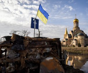 epa10416126 A Ukrainian flag posted on the wreckage of a motor vehicle in Bakhmut, Donetsk region, eastern Ukraine, 19 January 2023. Ukrainian authorities are urging residents to evacuate from the frontline territories, though some 8,000 have chosen to stay in their homes. There is no working infrastructure left - no electricity, heating, water or gas. Also the risk to be injured or killed by Russian shelling remains high, so that people mostly spend their time in shelters or basements. Russian troops entered Ukraine on 24 February 2022 starting a conflict that has provoked destruction and a humanitarian crisis.  EPA/OLEG PETRASYUK
