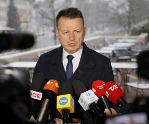 epa10418503 Poland's Minister of Defense Mariusz Błaszczak delivers a statement during the third meeting of Ukraine Defense Contact Group at the US Air Base in Ramstein, Germany, 20 January 2023. The US Secretary of Defense Austin has invited Ministers of Defense and senior military officials from around the world to Ramstein to discuss the ongoing crisis in Ukraine and various security issues facing US allies and partners.  EPA/RONALD WITTEK