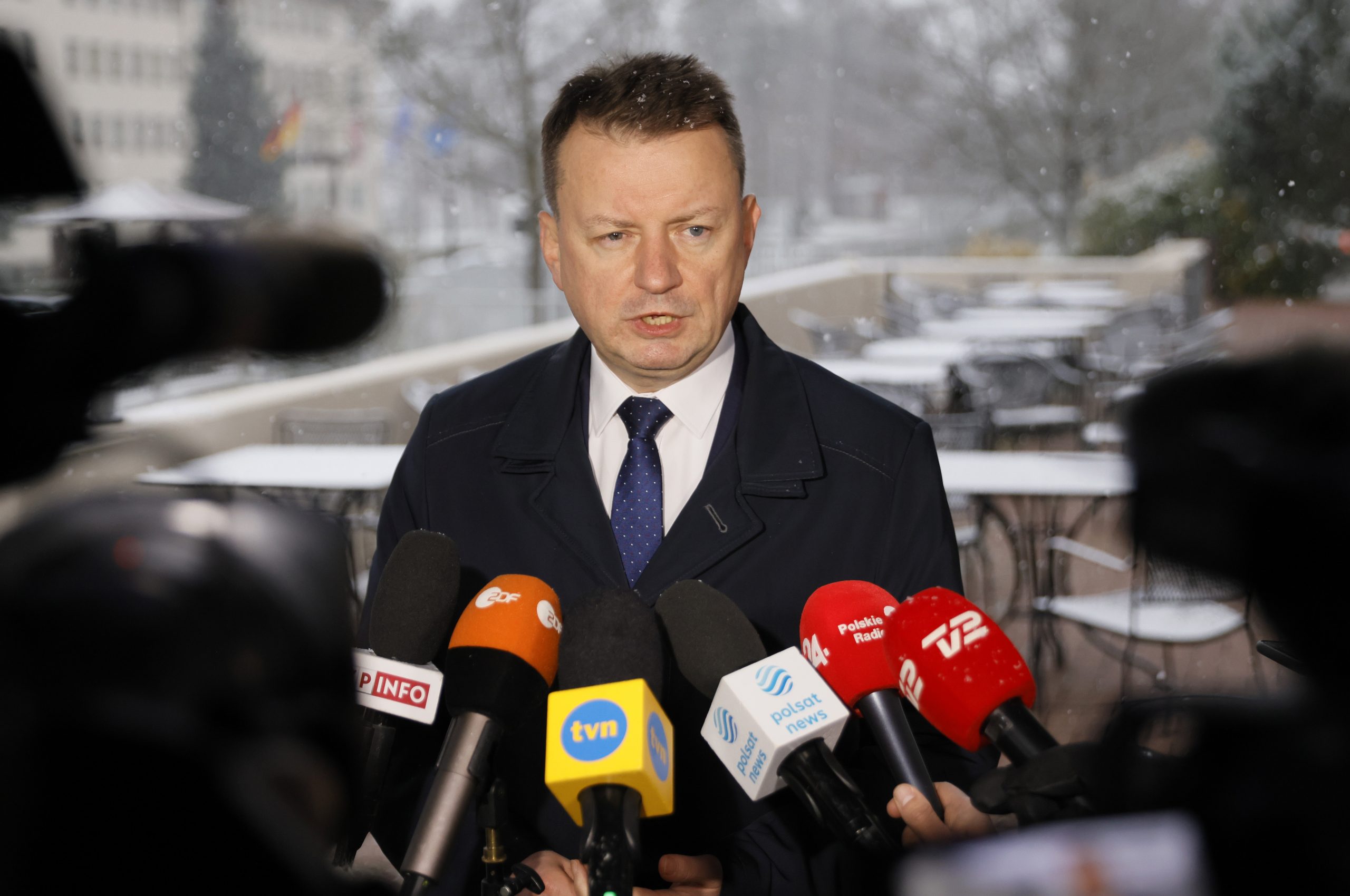 epa10418503 Poland's Minister of Defense Mariusz Błaszczak delivers a statement during the third meeting of Ukraine Defense Contact Group at the US Air Base in Ramstein, Germany, 20 January 2023. The US Secretary of Defense Austin has invited Ministers of Defense and senior military officials from around the world to Ramstein to discuss the ongoing crisis in Ukraine and various security issues facing US allies and partners.  EPA/RONALD WITTEK