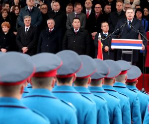 epa10396974 President Milorad Dodik speaks at a parade in East Sarajevo, Bosnia and Herzegovina, 09 January 2023 to mark 09 January -- the Day of Republika Srpska, which is one of the country's two ethnic regions, locally called entities. On that day 31 years ago, the self-proclaimed constitutional assembly of Bosnia's ethnic Serbs, passed the Declaration proclaiming the Republic of Serbs (Republika Srpska) within Bosnia and Herzegovina, with the intention of seceding from Bosnia and merging with neighboring Serbia. Only a few months later the war broke in Bosnia and Herzegovina claiming more than 100,000 lives and displacing more than two million people. The bloody 1992-1995 war between ethnic Bosniaks (Muslims), Serbs and Croats ended in 1995 by the Peace Agreement brokered in Dayton, Ohio, U.S.A. The part of the peace solution was the administrative division of the Balkan country into two ethnic entities -- the (Bosniak-Croat) Federation of Bosnia and Herzegovina and the Srpska Republic. Due to numerous atrocities that the Bosnian Serb troops committed against Bosniaks and Croats during the 1992-95 war, including the 1995 genocide in the country's eastern enclave of Srebrenica. Bosniaks have been strongly opposing the public celebration of the 09 January. In 2015 the Constitutional Court of Bosnia and Herzegovina declared the Day of Republika Srpska unconstitutional. The binding decision, however, has never prevented Bosnian Serb authorities from celebrating it, which the parade in East Sarajevo proves  EPA/FEHIM DEMIR