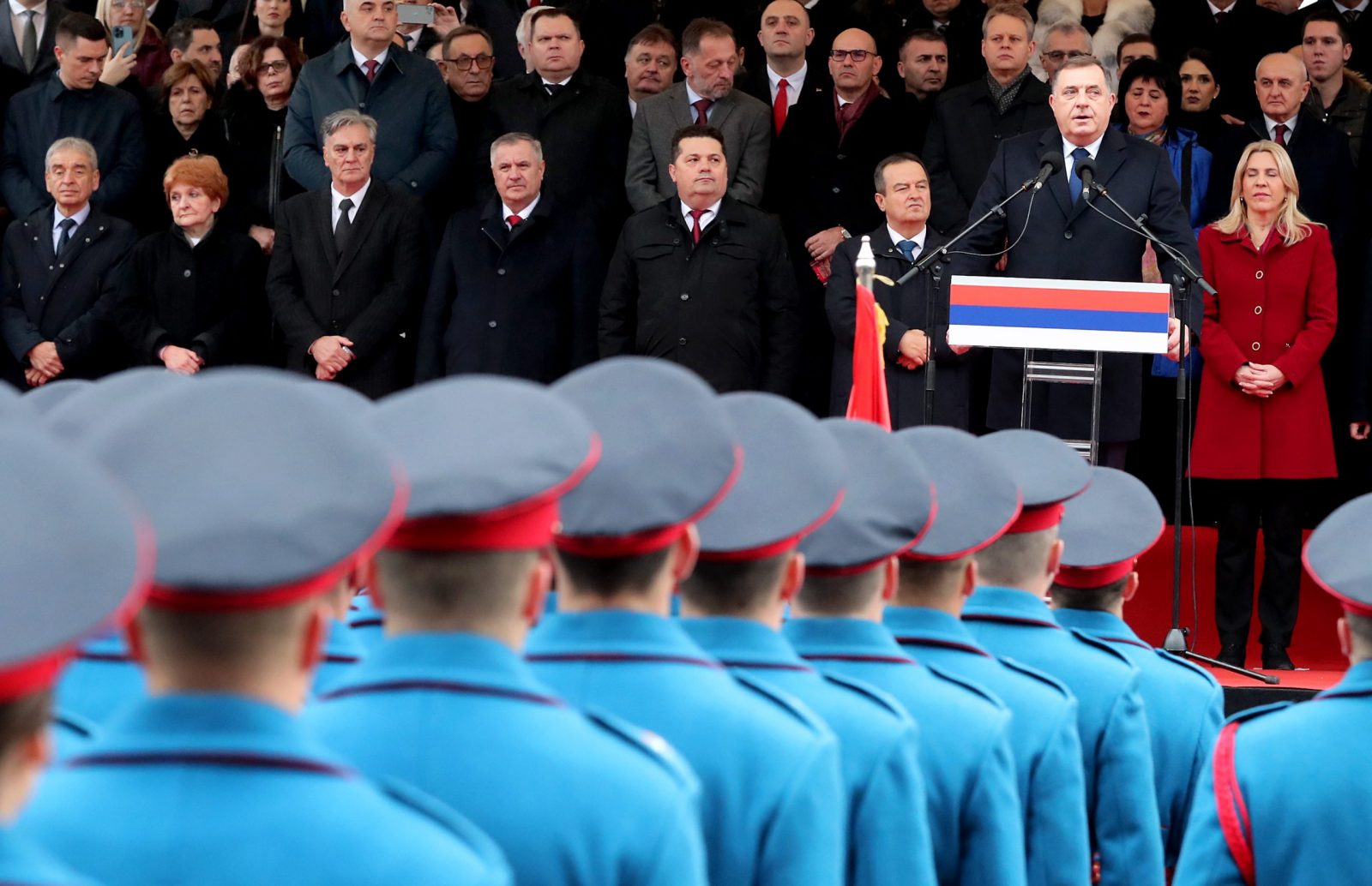 epa10396974 President Milorad Dodik speaks at a parade in East Sarajevo, Bosnia and Herzegovina, 09 January 2023 to mark 09 January -- the Day of Republika Srpska, which is one of the country's two ethnic regions, locally called entities. On that day 31 years ago, the self-proclaimed constitutional assembly of Bosnia's ethnic Serbs, passed the Declaration proclaiming the Republic of Serbs (Republika Srpska) within Bosnia and Herzegovina, with the intention of seceding from Bosnia and merging with neighboring Serbia. Only a few months later the war broke in Bosnia and Herzegovina claiming more than 100,000 lives and displacing more than two million people. The bloody 1992-1995 war between ethnic Bosniaks (Muslims), Serbs and Croats ended in 1995 by the Peace Agreement brokered in Dayton, Ohio, U.S.A. The part of the peace solution was the administrative division of the Balkan country into two ethnic entities -- the (Bosniak-Croat) Federation of Bosnia and Herzegovina and the Srpska Republic. Due to numerous atrocities that the Bosnian Serb troops committed against Bosniaks and Croats during the 1992-95 war, including the 1995 genocide in the country's eastern enclave of Srebrenica. Bosniaks have been strongly opposing the public celebration of the 09 January. In 2015 the Constitutional Court of Bosnia and Herzegovina declared the Day of Republika Srpska unconstitutional. The binding decision, however, has never prevented Bosnian Serb authorities from celebrating it, which the parade in East Sarajevo proves  EPA/FEHIM DEMIR